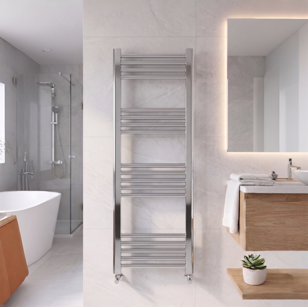 1200x400 Chrome Stratight Towel Radiator Round Bar - Evolve Bathrooms