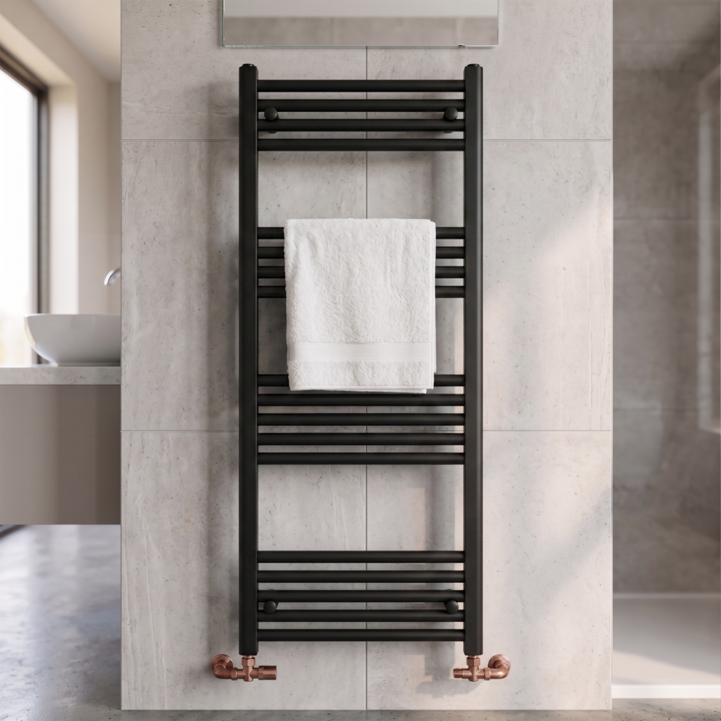 1200x500 Black Stratight Towel Radiator Round Bar - Evolve Bathrooms