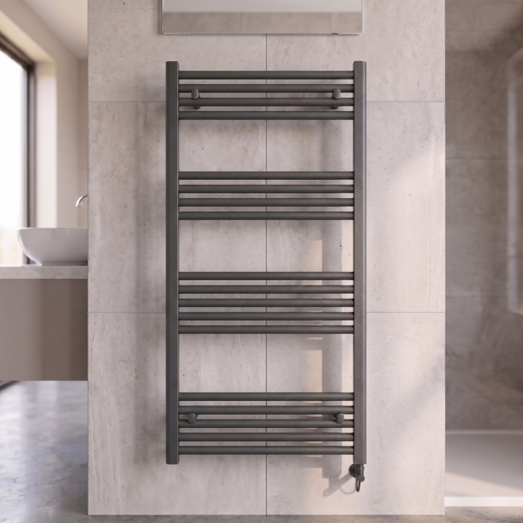 1200x600 Anthracite Stratight Towel Radiator Round Bar - Evolve Bathrooms