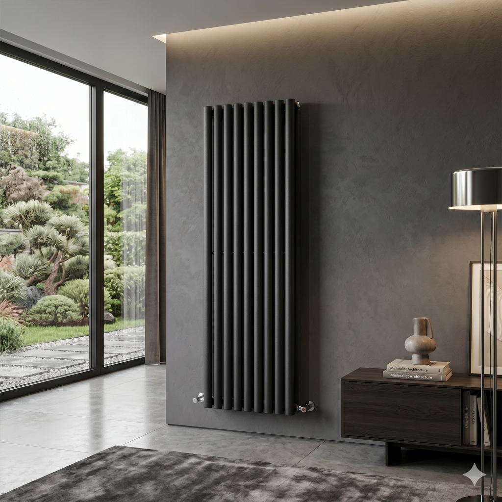 Vertical Radiator 1600 1600 x 540 Designer Vertical Oval Double Panel Black Radiator - Evolve ...